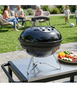 Barbacoa de Carbón Portátil Barbacoa de Carbón Redonda Tapa con Soporte Rejilla Ventilación Ajustable Ø41x44 cm Negro