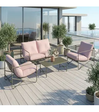 Conjunto de Jardín Exterior de 4 Piezas con Sofá de 2 Plazas 2 Sillones Mesa de Vidrio Templado Cojines Gruesos Rosa