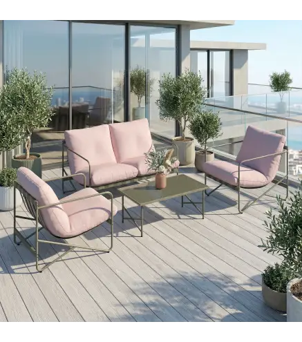 Conjunto de Jardín Exterior de 4 Piezas con Sofá de 2 Plazas 2 Sillones Mesa de Vidrio Templado Cojines Gruesos Rosa