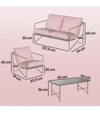 Conjunto de Jardín Exterior de 4 Piezas con Sofá de 2 Plazas 2 Sillones Mesa de Vidrio Templado Cojines Gruesos Rosa