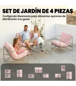 Conjunto de Jardín Exterior de 4 Piezas con Sofá de 2 Plazas 2 Sillones Mesa de Vidrio Templado Cojines Gruesos Rosa