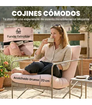 Conjunto de Jardín Exterior de 4 Piezas con Sofá de 2 Plazas 2 Sillones Mesa de Vidrio Templado Cojines Gruesos Rosa
