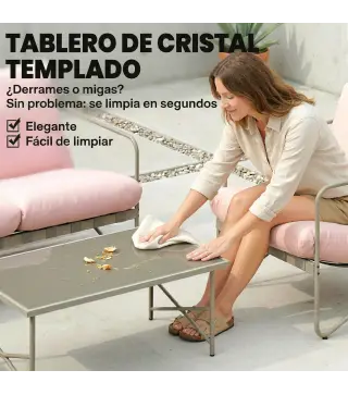 Conjunto de Jardín Exterior de 4 Piezas con Sofá de 2 Plazas 2 Sillones Mesa de Vidrio Templado Cojines Gruesos Rosa