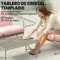Conjunto de Jardín Exterior de 4 Piezas con Sofá de 2 Plazas 2 Sillones Mesa de Vidrio Templado Cojines Gruesos Rosa