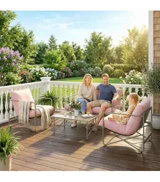 Conjunto de Jardín Exterior de 4 Piezas con Sofá de 2 Plazas 2 Sillones Mesa de Vidrio Templado Cojines Gruesos Rosa