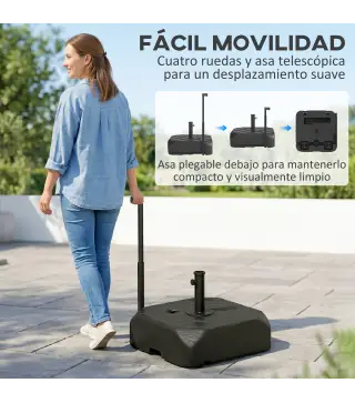 Base para Sombrilla con Ruedas Asa Telescópica para Postes Ø38 mm Ø48 mm Rellenable de Arena 72 kg o Agua 45 Litros