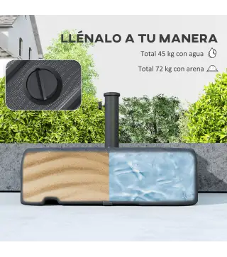 Base para Sombrilla con Ruedas Asa Telescópica para Postes Ø38 mm Ø48 mm Rellenable de Arena 72 kg o Agua 45 Litros