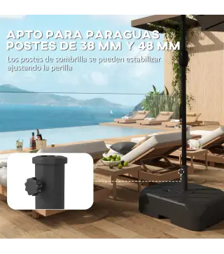 Base para Sombrilla con Ruedas Asa Telescópica para Postes Ø38 mm Ø48 mm Rellenable de Arena 72 kg o Agua 45 Litros