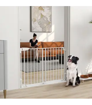 Barrera de Seguridad para Perros 74,5-111,5 cm Puerta para Perros para Escaleras con Pestillo Cierre Automático Blanco