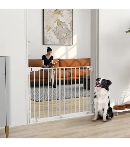 Barrera de Seguridad para Perros 74,5-111,5 cm Puerta para Perros para Escaleras con Pestillo Cierre Automático Blanco