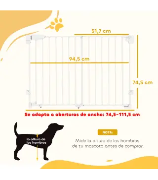 Barrera de Seguridad para Perros 74,5-111,5 cm Puerta para Perros para Escaleras con Pestillo Cierre Automático Blanco
