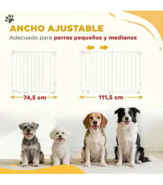 Barrera de Seguridad para Perros 74,5-111,5 cm Puerta para Perros para Escaleras con Pestillo Cierre Automático Blanco