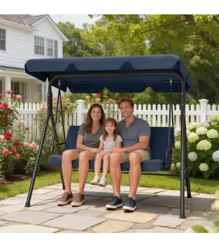 Balancín de Jardín Exterior Columpio de 3 Plazas con Toldo Ajustable y Marco de Acero 172x118x153 cm Azul Marino