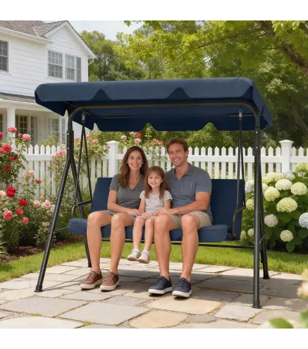 Balancín de Jardín Exterior Columpio de 3 Plazas con Toldo Ajustable y Marco de Acero 172x118x153 cm Azul Marino