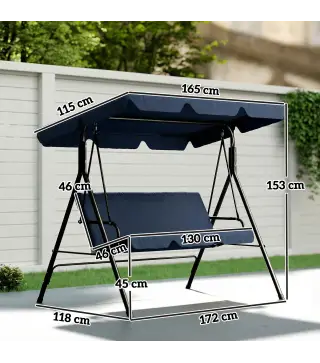 Balancín de Jardín Exterior Columpio de 3 Plazas con Toldo Ajustable y Marco de Acero 172x118x153 cm Azul Marino