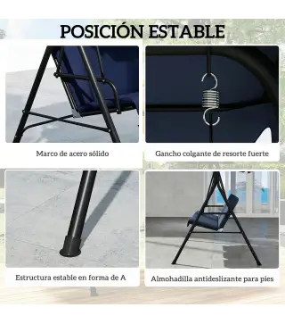 Balancín de Jardín Exterior Columpio de 3 Plazas con Toldo Ajustable y Marco de Acero 172x118x153 cm Azul Marino