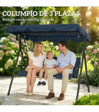 Balancín de Jardín Exterior Columpio de 3 Plazas con Toldo Ajustable y Marco de Acero 172x118x153 cm Azul Marino