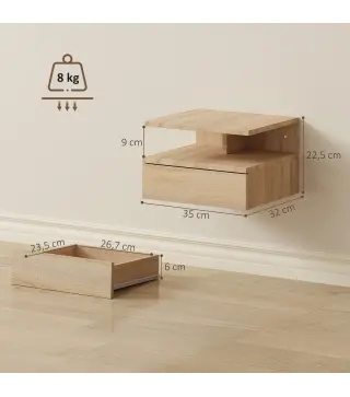 Juego de 2 Mesitas de Noche Flotantes con Cajón Montado en la Pared 35x32x22,5 cm Roble