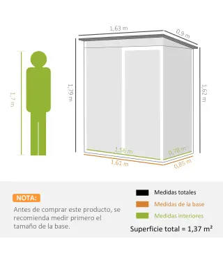 Cobertizo de Jardín Exterior 1,37 m² 163x90x179 cm con Puerta con Pestillo y Ranuras de Ventilación Gris Oscuro