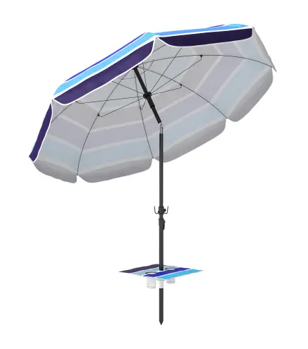 Sombrilla de Playa con Mesa Plegable y Portavasos Ø198 cm Altura Ajustable Inclinación Bolsa de Transporte Multicolor