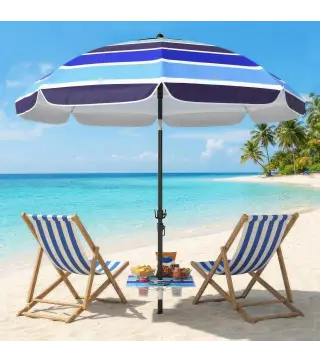 Sombrilla de Playa con Mesa Plegable y Portavasos Ø198 cm Altura Ajustable Inclinación Bolsa de Transporte Multicolor