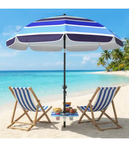 Sombrilla de Playa con Mesa Plegable y Portavasos Ø198 cm Altura Ajustable Inclinación Bolsa de Transporte Multicolor