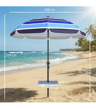 Sombrilla de Playa con Mesa Plegable y Portavasos Ø198 cm Altura Ajustable Inclinación Bolsa de Transporte Multicolor