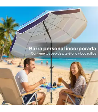 Sombrilla de Playa con Mesa Plegable y Portavasos Ø198 cm Altura Ajustable Inclinación Bolsa de Transporte Multicolor