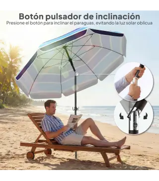 Sombrilla de Playa con Mesa Plegable y Portavasos Ø198 cm Altura Ajustable Inclinación Bolsa de Transporte Multicolor