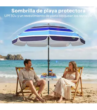 Sombrilla de Playa con Mesa Plegable y Portavasos Ø198 cm Altura Ajustable Inclinación Bolsa de Transporte Multicolor