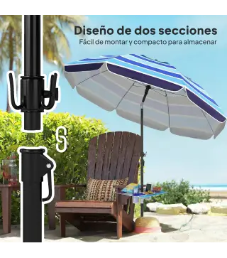 Sombrilla de Playa con Mesa Plegable y Portavasos Ø198 cm Altura Ajustable Inclinación Bolsa de Transporte Multicolor