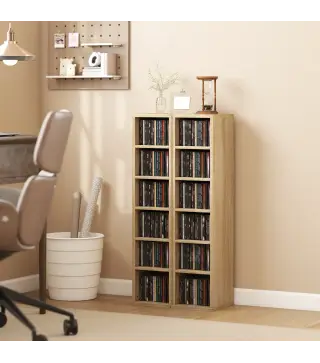 Set de 2 Estanterías para CDs y DVDs con 12 Compartimentos Estantes Ajustables 21x22,5x88,5 cm Roble