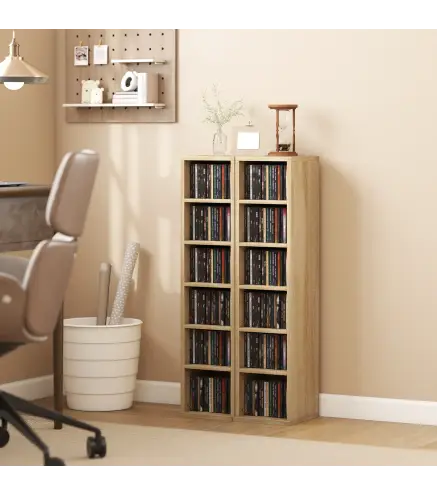 Set de 2 Estanterías para CDs y DVDs con 12 Compartimentos Estantes Ajustables 21x22,5x88,5 cm Roble