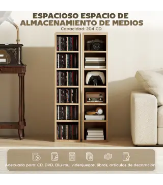 Set de 2 Estanterías para CDs y DVDs con 12 Compartimentos Estantes Ajustables 21x22,5x88,5 cm Roble