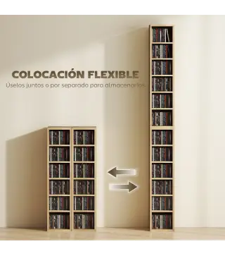 Set de 2 Estanterías para CDs y DVDs con 12 Compartimentos Estantes Ajustables 21x22,5x88,5 cm Roble