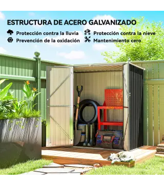 Cobertizo de Jardín Exterior Metálico 1,37 m² 163x89x163 cm con Techo Inclinado, Puertas con Pestillo y Guantes Gris