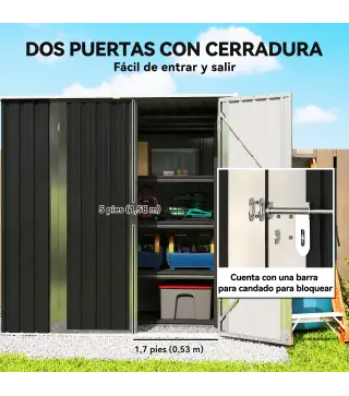 Cobertizo de Jardín Exterior Metálico 1,37 m² 163x89x163 cm con Techo Inclinado, Puertas con Pestillo y Guantes Gris
