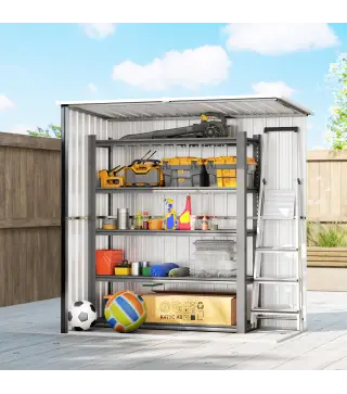 Cobertizo de Jardín Exterior Metálico 1,37 m² 163x89x163 cm con Techo Inclinado, Puertas con Pestillo y Guantes Gris