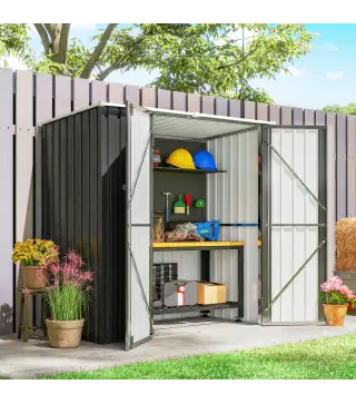 Cobertizo de Jardín Exterior Metálico 1,37 m² 163x89x163 cm con Techo Inclinado, Puertas con Pestillo y Guantes Gris