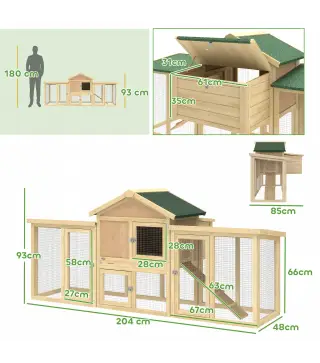 Gallinero para Exterior Grande de Madera 204x85x93 cm con Caja de Anidación Corral Bandeja Extraíble y Percha Natural