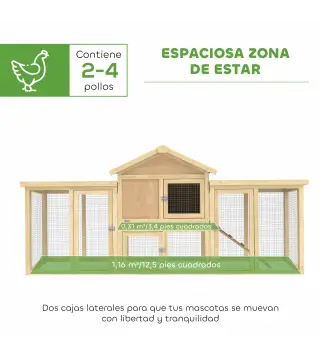 Gallinero para Exterior Grande de Madera 204x85x93 cm con Caja de Anidación Corral Bandeja Extraíble y Percha Natural