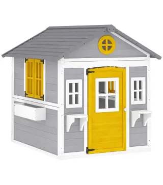 Casita Infantil Exterior e Interior de Madera con Puerta Ventanas Jardineras y Soportes de Flores Gris