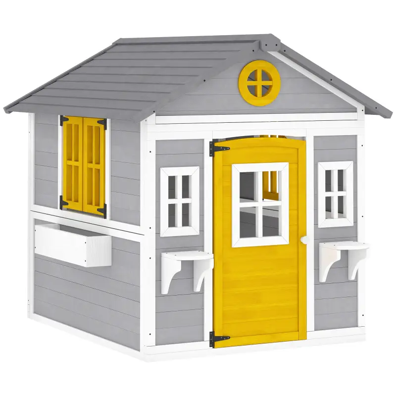 Casita Infantil Exterior e Interior de Madera con Puerta Ventanas Jardineras y Soportes de Flores Gris