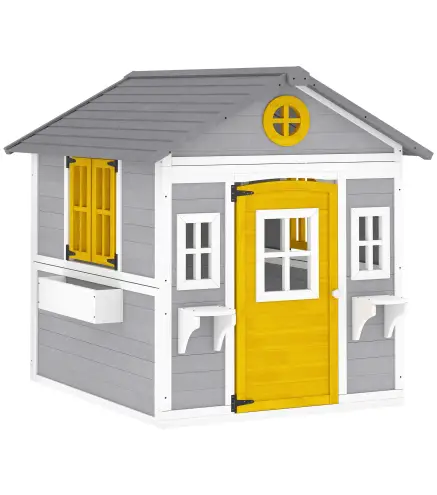 Casita Infantil Exterior e Interior de Madera con Puerta Ventanas Jardineras y Soportes de Flores Gris