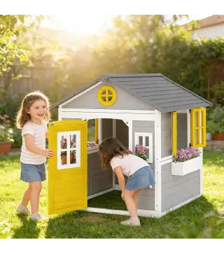 Casita Infantil Exterior e Interior de Madera con Puerta Ventanas Jardineras y Soportes de Flores Gris