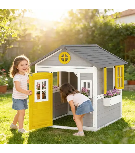 Casita Infantil Exterior e Interior de Madera con Puerta Ventanas Jardineras y Soportes de Flores Gris