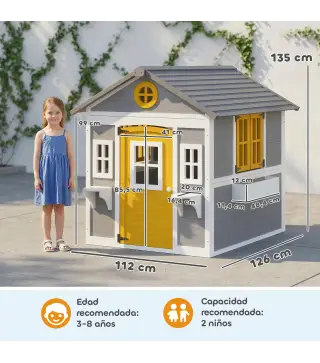 Casita Infantil Exterior e Interior de Madera con Puerta Ventanas Jardineras y Soportes de Flores Gris