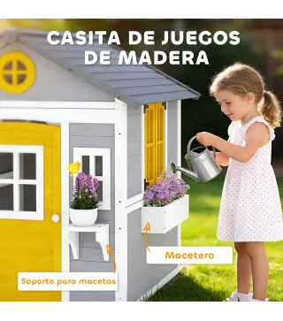 Casita Infantil Exterior e Interior de Madera con Puerta Ventanas Jardineras y Soportes de Flores Gris