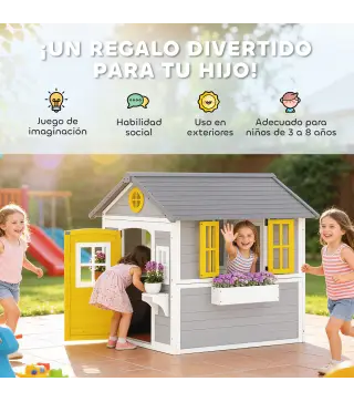 Casita Infantil Exterior e Interior de Madera con Puerta Ventanas Jardineras y Soportes de Flores Gris