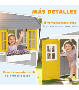 Casita Infantil Exterior e Interior de Madera con Puerta Ventanas Jardineras y Soportes de Flores Gris
